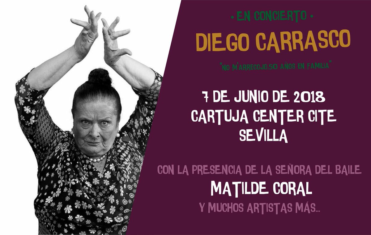 🎼 Es un orgullo para mi poder anunciar que el 7 de Junio contaremos con la presencia de 'La Señora del Baile': Matilde Coral. 💃 ¡Se aproxima una gran noche en el CartujaCenter de Sevilla! 💚 

Más info 👉 ticketea.com/entradas/diego…

#DiegoCarrasco #EnFamilia #NoMarrecojo #50Años