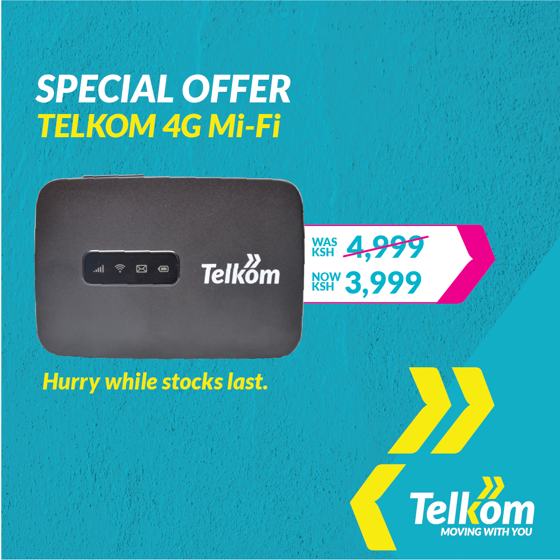 TelkomKenya's tweet photo. Guys, this offer is just perfect. 😍And it won’t last forever!

We have slashed the price of the portable Mi-Fi router by 1,000 KENYA SHILLINGS! 🔥 On top of that, when you buy it you get 10GB valid for 30 days free.

Available at all Telkom Shops country wide.🇰🇪 https://t.co/SCUkZtmE4t