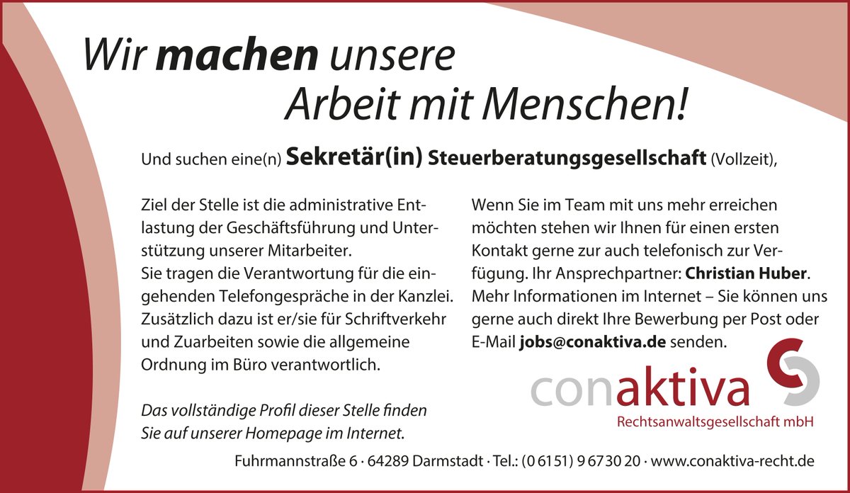 conaktiva's tweet photo. Wir machen unsere Arbeit mit Menschen! Und suchen eine(n) Sekretär(in) Steuerberatungsgesellschaft (Vollzeit),
https://t.co/ctgz91HZxJ https://t.co/VmrXtBjAGM