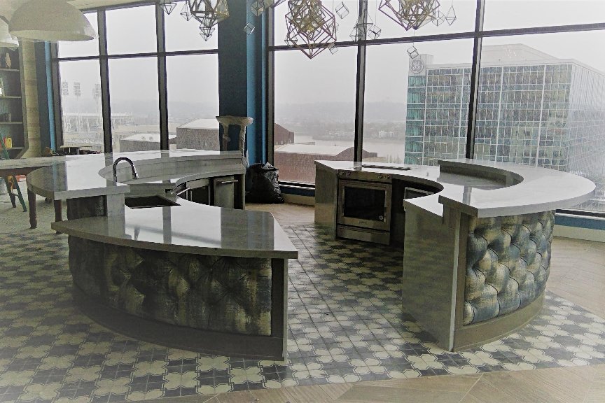 hardrockstonewk's tweet photo. WOWZA! Our templater, Don, took this photo of one of our installs at a commercial job in Cincinnati that we are currently working on. What do you think? 🙌🏼 #design #Cincinnati #commericalwork https://t.co/dCKMxTU1QE