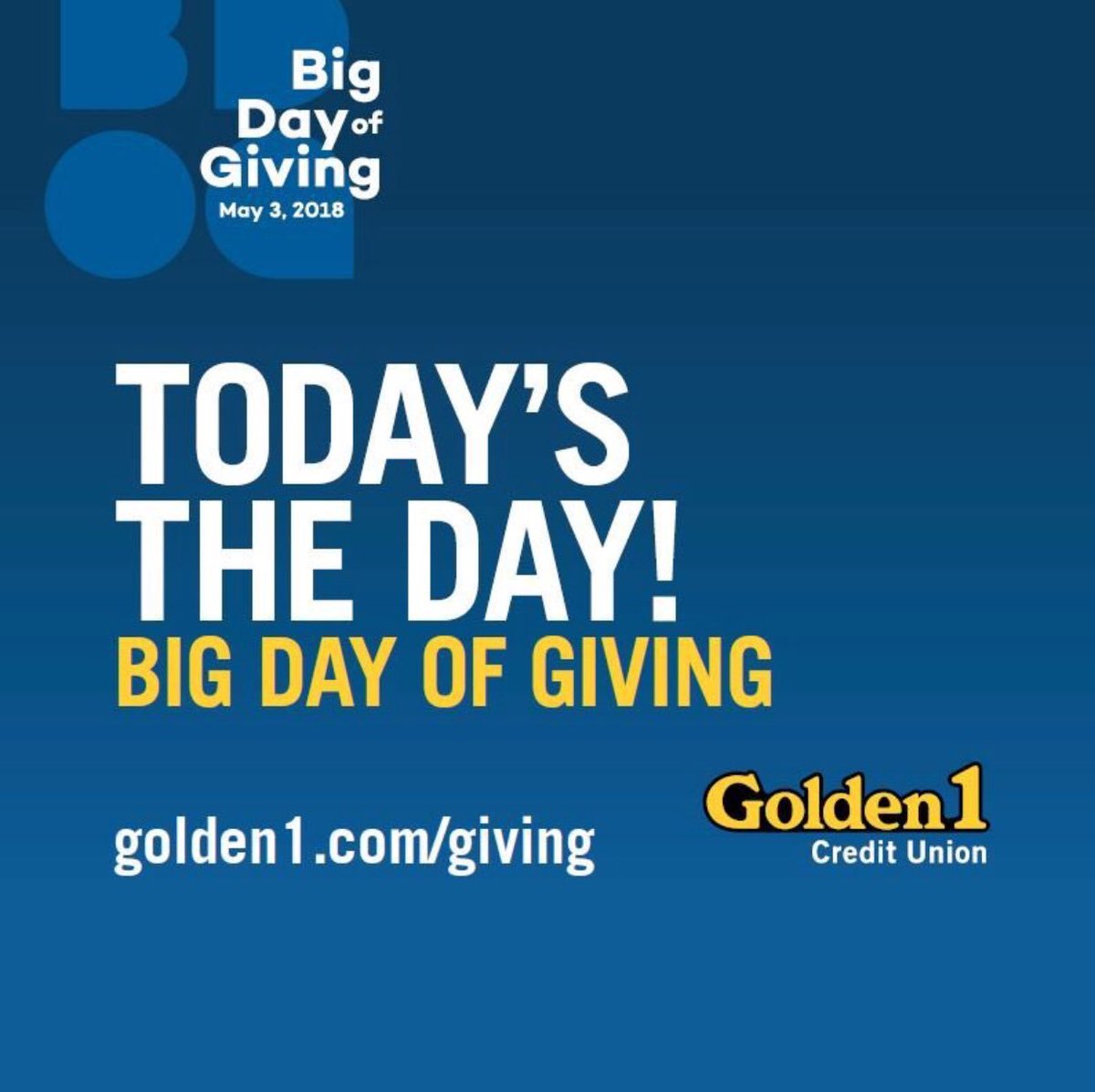 Join us today in supporting the organizations that matter to YOU! Use your Golden 1 Credit/Debit Card to make your donation and we will match your donations up to $50k. Learn more about our match program at: golden1.com/giving. ☝💙 #BDOG2018 #Golden1Gives