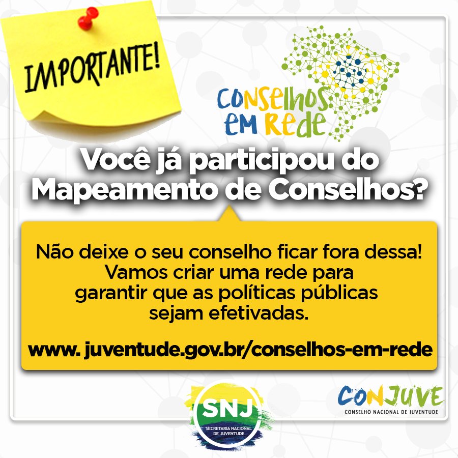 conjuve's tweet photo. Participe e nos ajude a mapear todos os conselhos do Brasil! A iniciativa faz parte da campanha #ConselhosEmRede, que tem como objetivo coletar informações sobre os conselhos de juventude e sua atuação. https://t.co/jgbkDUbcm0
Mais: https://t.co/7ajcuWynOf
#SNJ #Conjuve https://t.co/UGhgsuuXBX