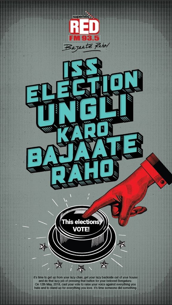 Redfmbengaluru's tweet photo. This elections, BE THE CHANGE YOU WANT TO SEE!
Go Vote!
Ungli Karo,
Bajaate Raho!

#BajaateRaho #RedFM935 #KarnatakeElections #Elections #Elections2018 #Bangalore https://t.co/uw5kFDBL9J