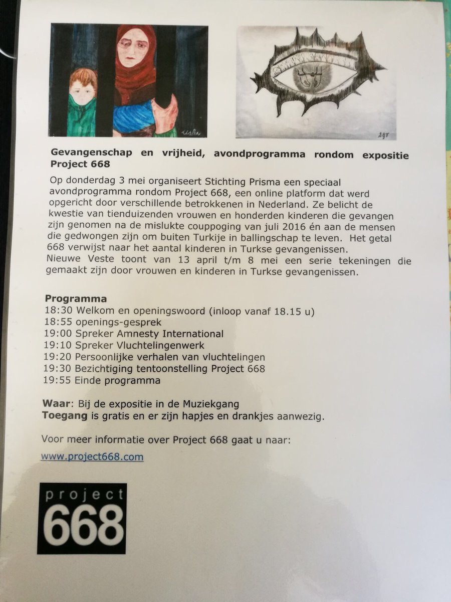 Programma vanavond in Breda, Project 668, een expositie over vrijheid en gevangenschap |Nieuwe Veste
Bibliotheek Breda. <a href="/prjct668/">Project 668</a> <a href="/BiebBreda/">Nieuwe Veste Bibliotheek</a> #vluchtelingen <a href="/prisma_info/">Stichting Prisma</a>