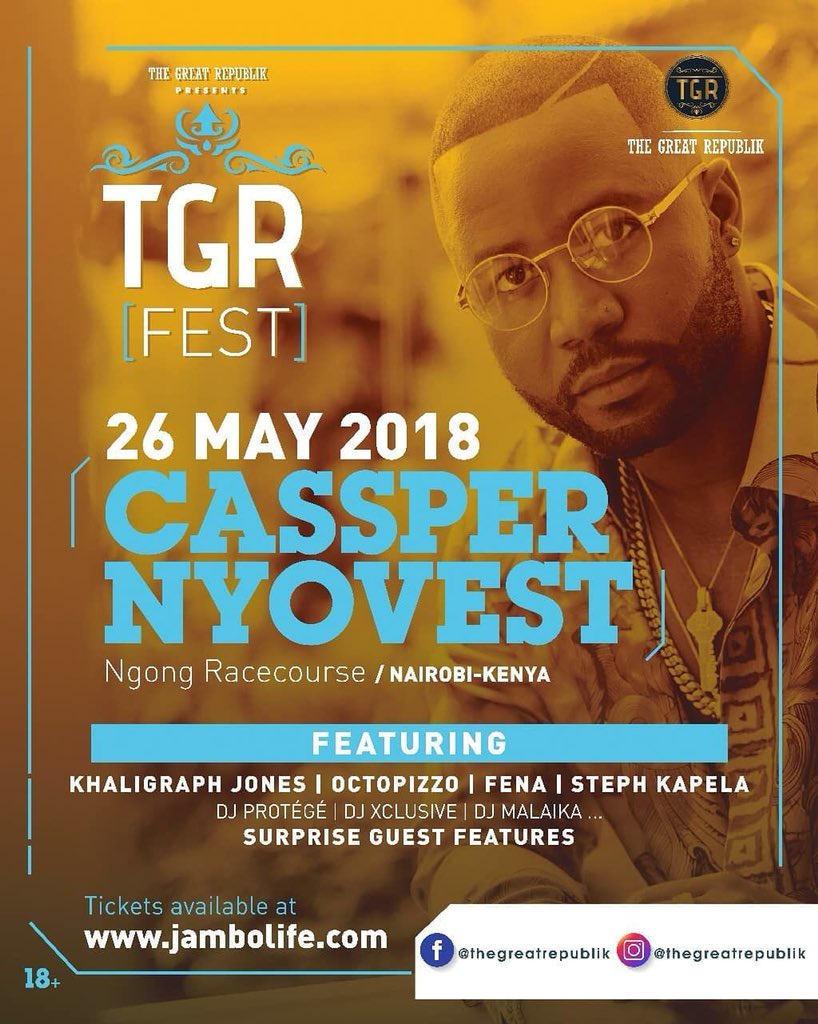 hypeafrika254's tweet photo. Cassper Nyovest live in Kenya 🇰🇪 on the 26th of May at for the #TGRFest at Ngong Racecourse featuring; Khaligraph Jones, Octopizzo, Fena &amp; Steph Kapela.

On the Decks: Dj Protege, Dj Xclusive, Dj Malaika. https://t.co/Z6cX9pqRLJ