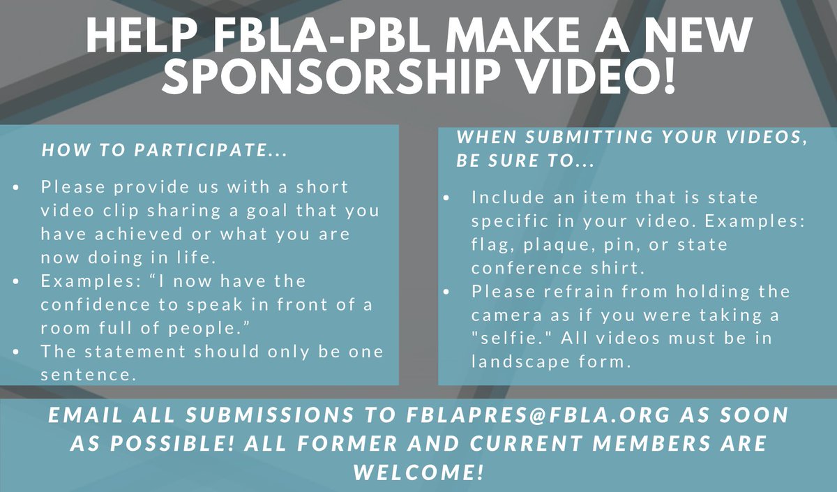 Members have an exciting opportunity to help FBLA-PBL make a new sponsorship video to recruit sponsors! See the picture for more details. If you do not have an FBLA conference shirt, please wear a polo or other appropriate dress. DM us with any questions!