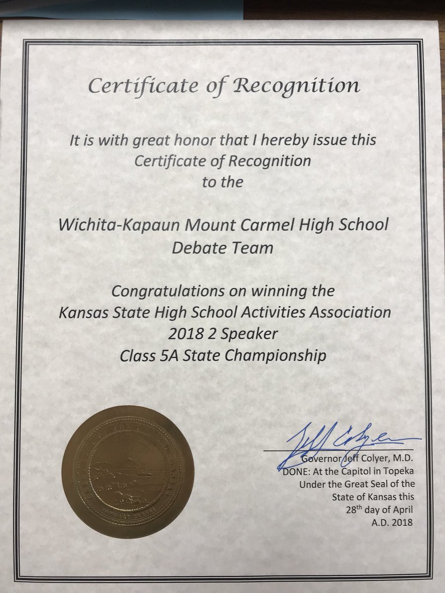Thank you <a href="/GovJeffColyer/">Archive: Governor Jeff Colyer, MD</a> for recognizing the KMC debate team for winning the 2018 5A state championship!