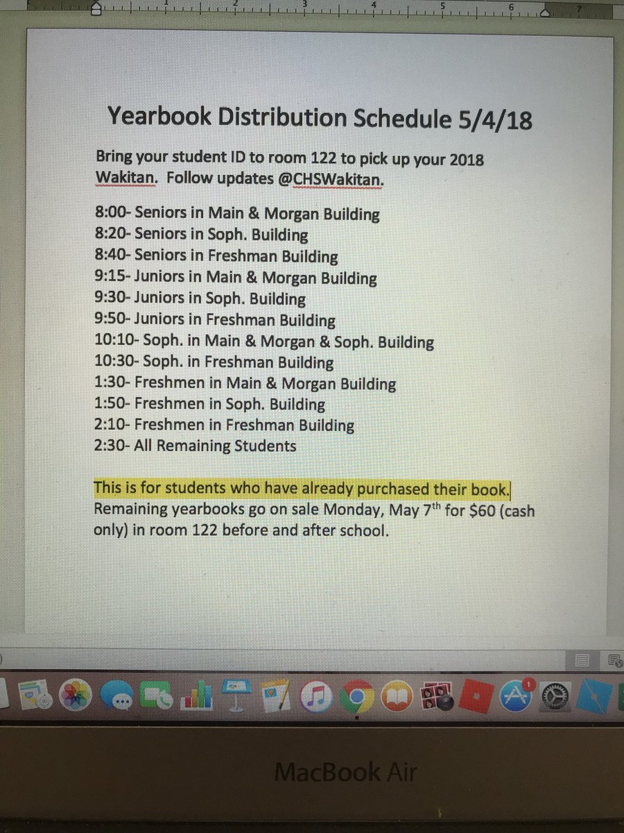 CHSWakitan's tweet photo. Here is the yearbook distribution schedule for tomorrow(5/4)! Bring your photo ID! https://t.co/PYHq8fxjzg
