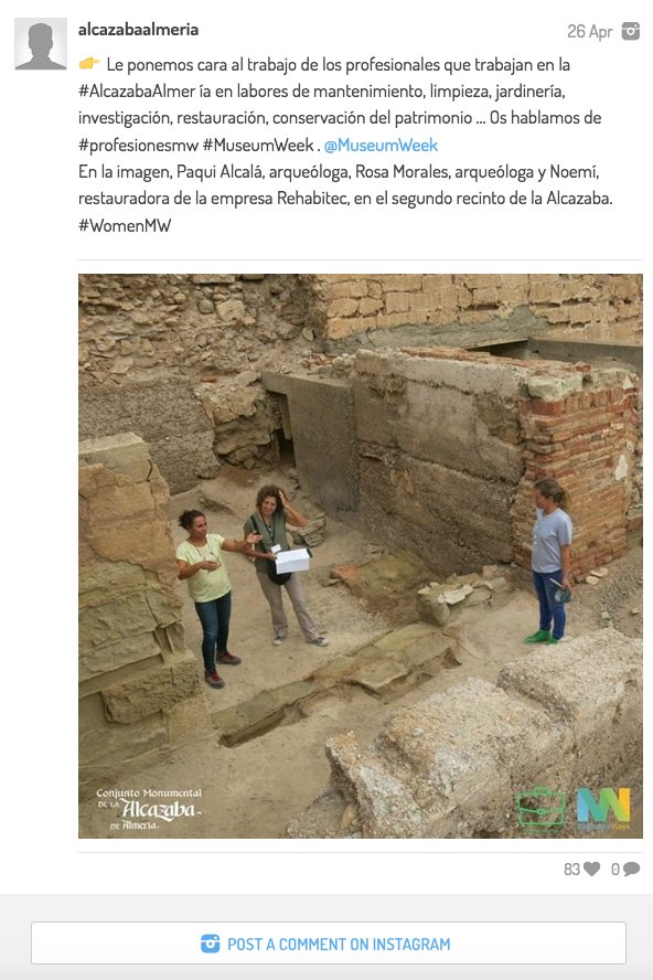 AlcazabaAlmeria's tweet photo. Entre los 500 post más importantes vistos por el público a nivel mundial se encuentra este de la #AlcazabaAlmería en su perfil social de #Instagram dedicado a #professionsMW en la #MuseumWeek. 👏👏 @MuseumWeek https://t.co/cXASBvZYh2