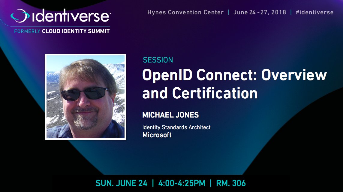 Identiverse's tweet photo. #Identiverse session: #OpenIDConnect: Overview & Certification w/ Mike Jones, Identity Standards Architect at @Microsoft. See the full agenda + join us in Boston, June 24-27 to see Mike speak! https://t.co/yi7sKY2klm #cloudidsummit https://t.co/iVGrqqtM0c