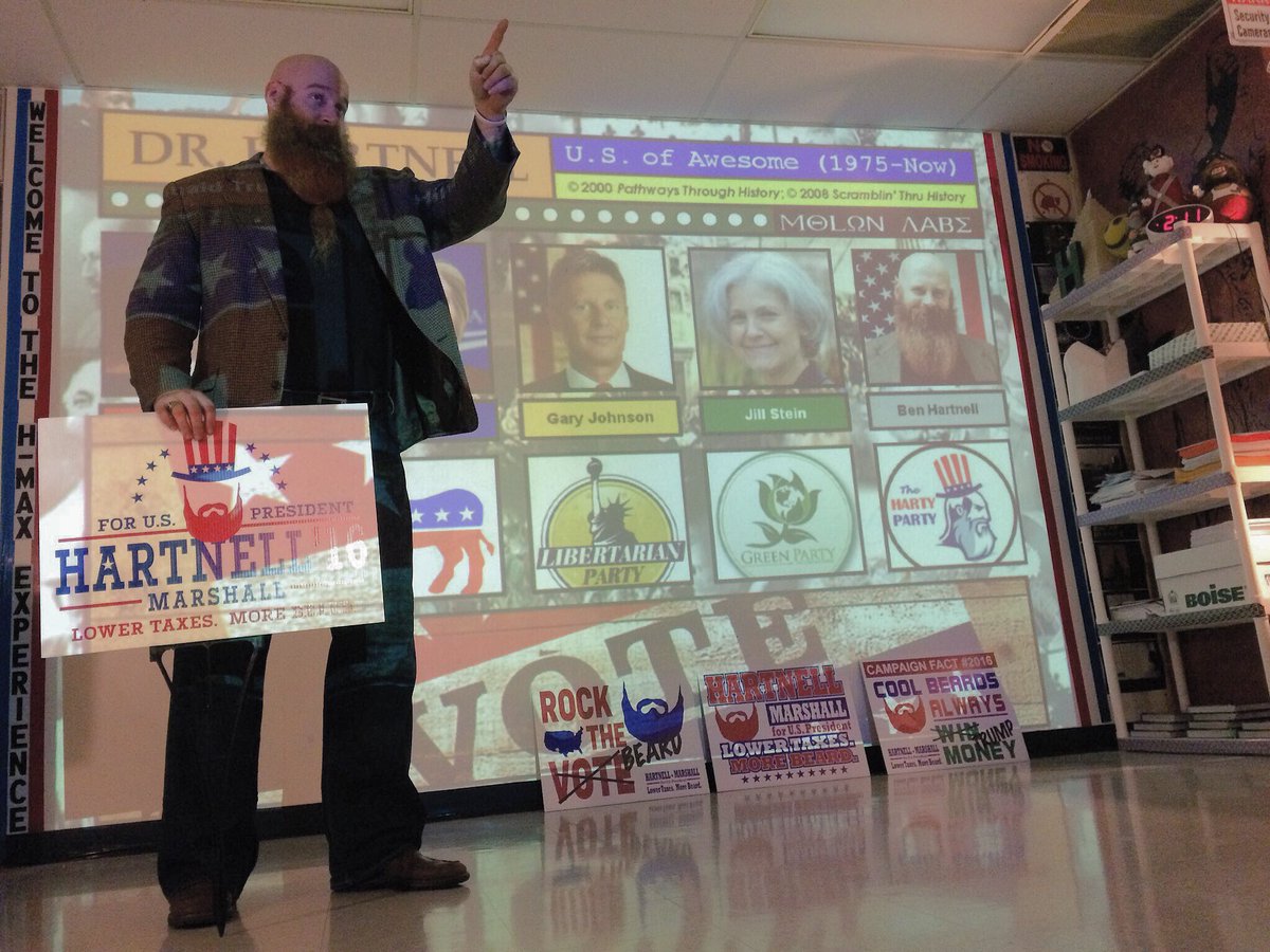 PresidentBeard's tweet photo. Shared my campaign w/students while examining 2016 Election in history class. Enjoyed revisiting best lesson plan I’ve ever done! Thanks again @ReneeLaSalle and @mikewsyx6! #ElectTheBeard #HartnellUniversity #HartnellHistory @WNHS_Warriors @WCSOH #WeAreWarriors #WCSWhereUBelong https://t.co/0hvZbZ8vrz