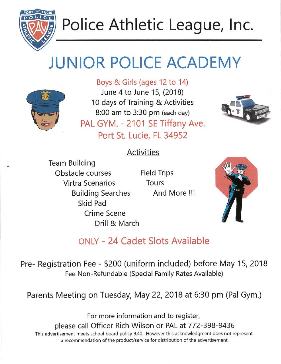 pslpal's tweet photo. Junior Police Academy - June 4 to June 15.  8:30 am to 3:30 pm.  Boys and Girls (12 to 14).  Pre-registration required before May 15, 2018.  Fee is non-refundable. https://t.co/E0JZlwKGHr