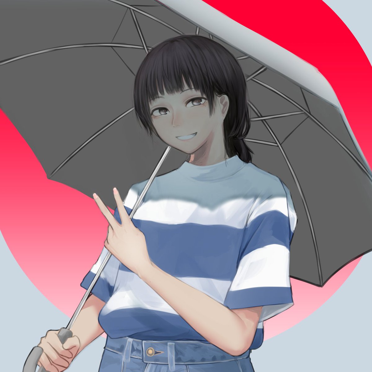 solo umbrella shirt v smile 1girl striped shirt  illustration images