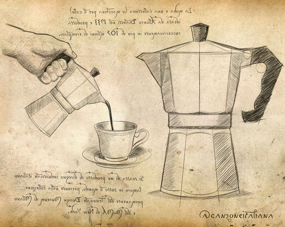 canzoneITA's tweet photo. Il @MiBACT lancia l'hashtag #artdesign!
La Moka è un oggetto di design e una vera e propria opera d'arte made in Italy. 
Chissà se Leonardo l'avrebbe disegnata così. ☕✍️🇮🇹

Intanto ascoltiamo insieme "Il caffè della Peppina" dello @zecchinodoro.

▶️ https://t.co/a7tOYQlcSp https://t.co/VL2BcfjMxU