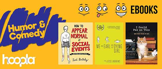 hoopla yellow background graphic with comedy genre book covers