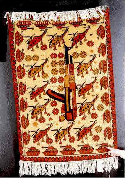 1) The “war rug” tradition of Afghanistan has its origins in the decade of Soviet occupation of Afghanistan from 1979 - 1989.