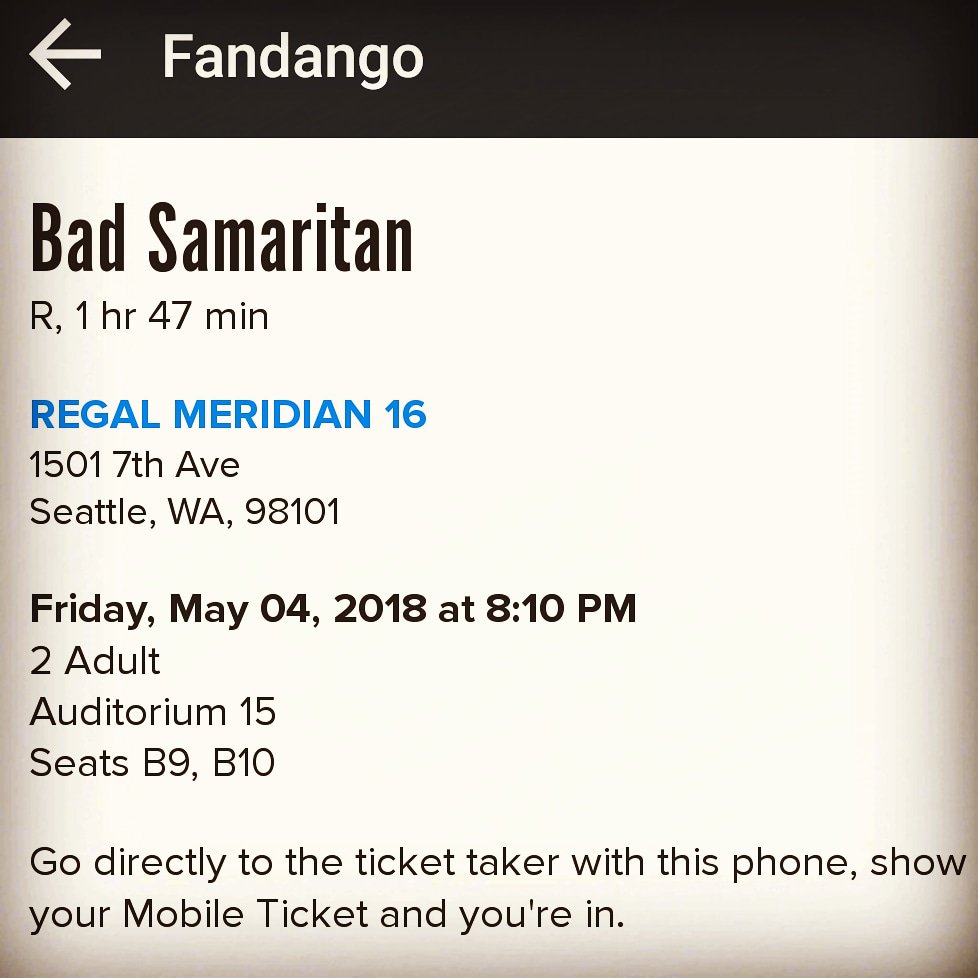 DuchessFionaA's tweet photo. My friend &amp; I are set to enter Cale's mad, mad, world!👏🏽😱
Let's make this a blowout opening my fellow LegionM minions!🖤🎬🎉☘🍻 #CaleIsComing #BadSamaritan #Fandango #RegalCinemas #DeanDevlin #BrandonBoyce #DavidTennant #RobSheehan #LegionM #OpeningDay #May4th #IAmLegionM https://t.co/bgN7qe17Km