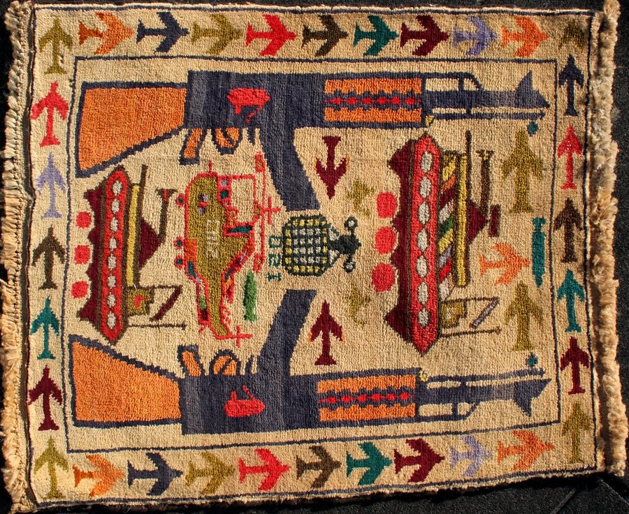 2) Afghan rug-makers began incorporating war equipment into their designs almost immediately after the Soviet Union invaded their country.