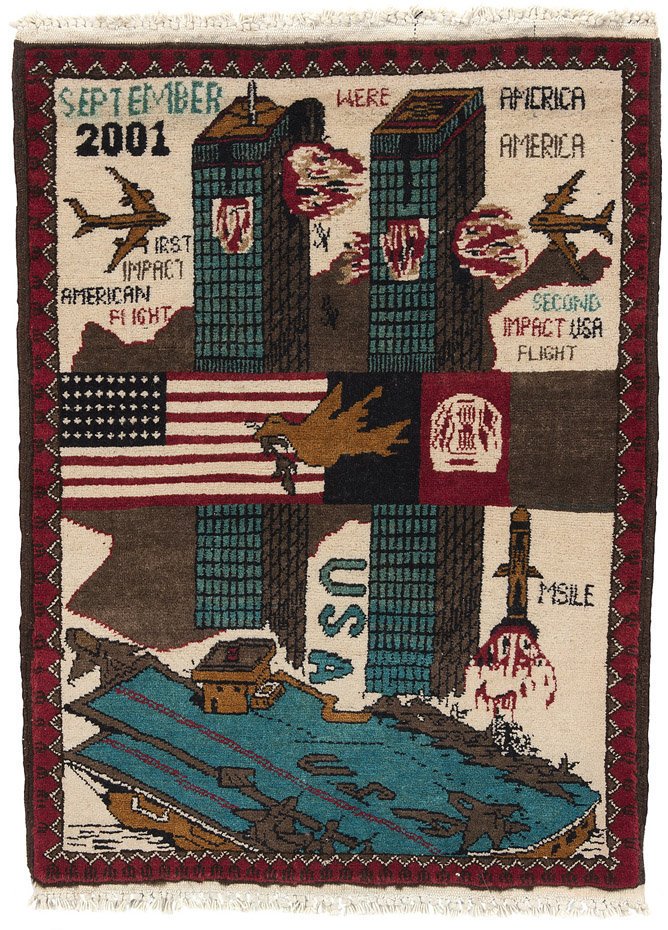 3) War rugs had a resurgence when the U.S invaded Afghanistan in 2002. The most famous example is shown below.