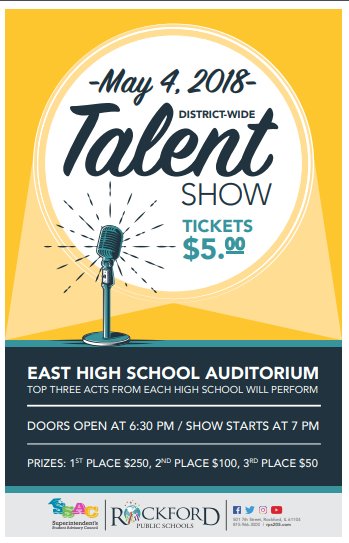 RPS205's tweet image. The Superintendent’s Student Advisory Council is hosting a District-Wide Talent Show tomorrow (Friday, May 4)! The show features the top three acts from each RPS 205 high school. Tickets are $5. Doors open at 6:30 p.m.; showtime is 7 p.m. at East High School. #OurKidsRock