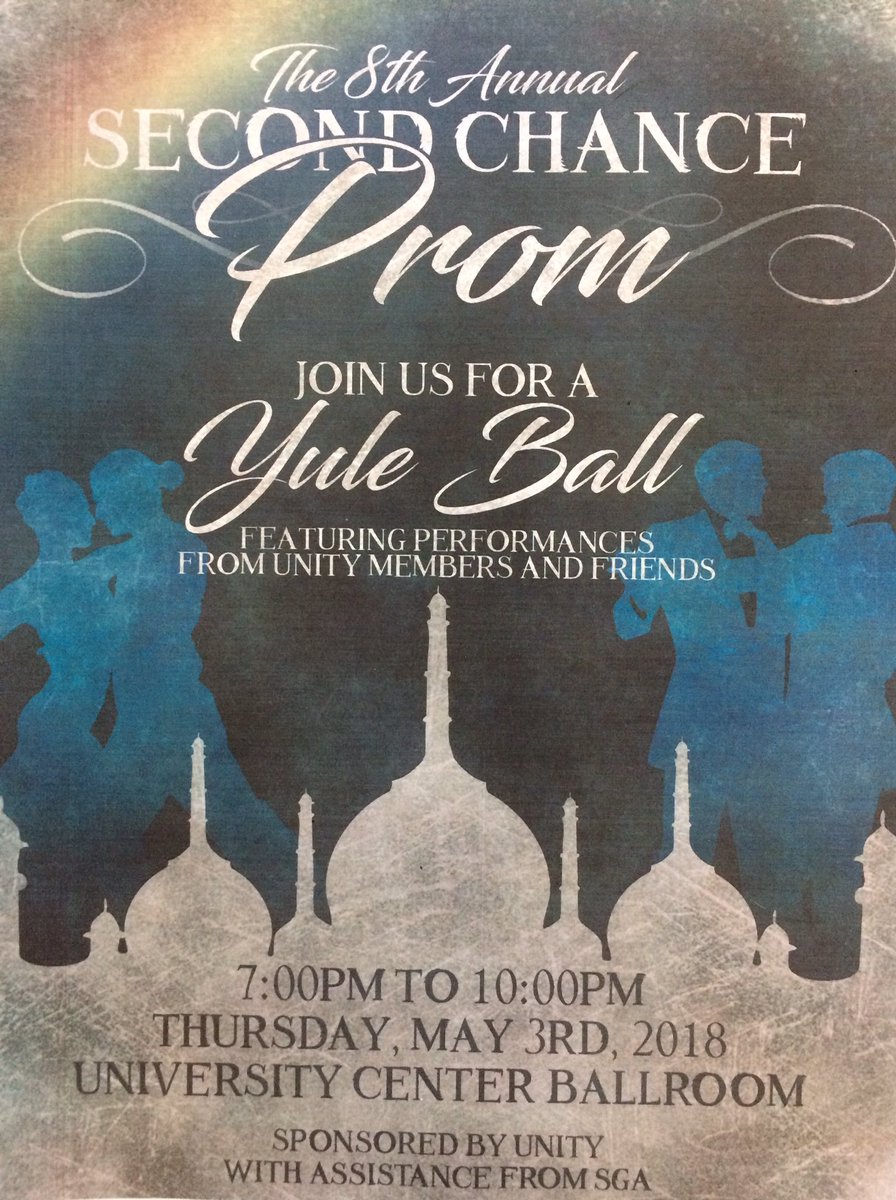 Unity's 8th annual Second Chance Prom is TONIGHT! This event was originally for those who didn't get the high school prom experience they wanted so bring who you want, wear what you want, and come have a great time! (There's going to be free food)