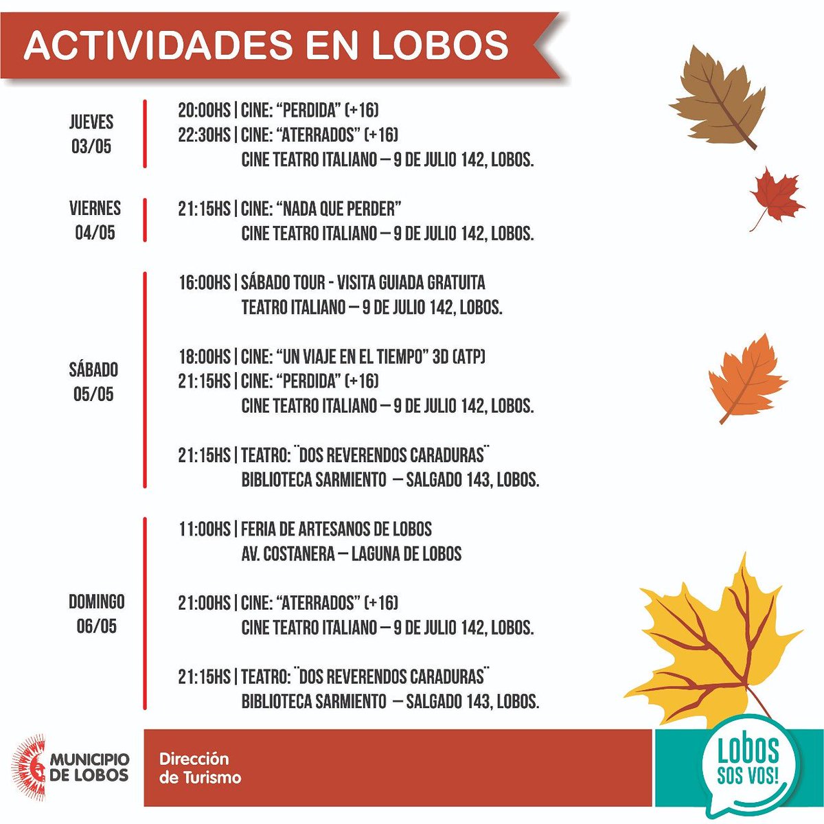 TurismoLobos's tweet photo. Actividades en #Lobos
#Cine #TeatroCineItaliano #Cultura #VisitaGuiada #Patrimonio #Museos #Artesanos #Musica #Bailar #Cantar #Naturaleza #Historia #TurismoLobos #LobosSosVos #SentiLobos #ExperienciaLobos #instagood #viajes #aroundtheworld #beautifulplace #travel @pueblitosba https://t.co/PVLgy0e0C4