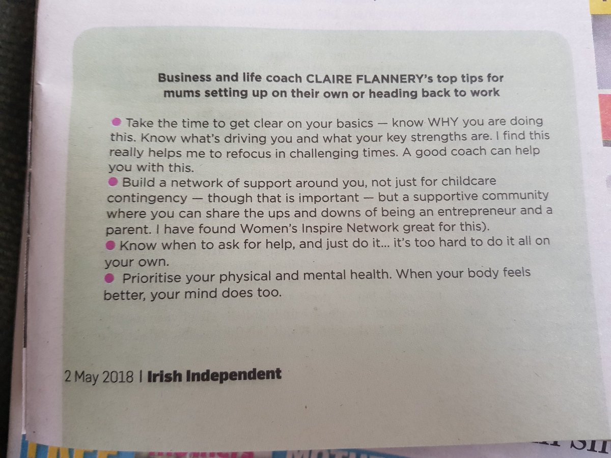 claireflann's tweet photo. Managed to squeeze in a mention of @WomensInspireIE in my article in the #irishindependent yesterday. Such a fantastic, genuine &amp; supportive network ❤️☺️ #womensinspire #maternitycoach #transitioncoach #genderinclusion #DiversityandInclusion #womeninbiz #workingparents #hr https://t.co/dlRsfP27FE