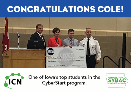 IowaCommNetwork's tweet image. ICN’s #SYBAC student Cole received one of Iowa&apos;s top awards for his participation in the SANS Institute&apos;s #CyberStart program. Congratulations Cole!! @GulleyEnglish @ColeMundus @SANSInstitute @IAGovernor