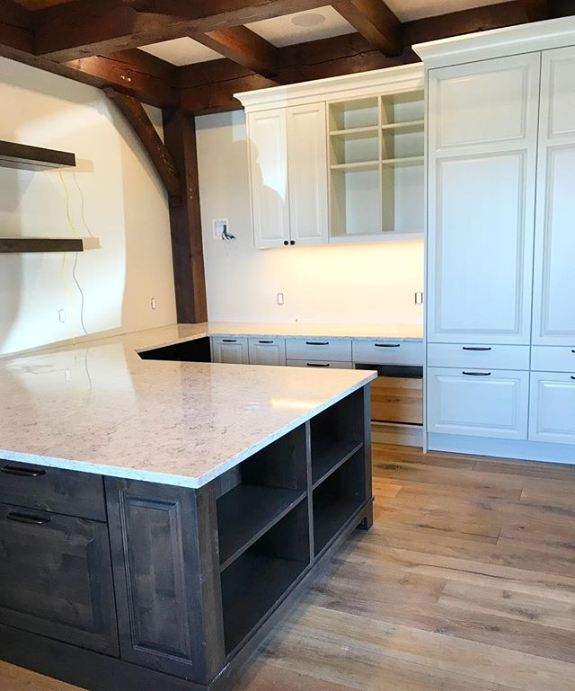 Almost ready for the move in to the den at this Timberframed Project. Great cabinetry work by Intergrity Cabinets and <a href="/copperbrook/">Copper Brook</a> Homes. CVK. #interiors #yycdesign #cvkprojects #yychomes #copperbrookhomes #rusticchic #office #den #timberbuilt #timberframe #floatingshelves #alder
