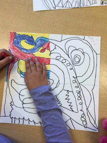 1st grade Ss used Kandinsky as inspiration for their colorful color family artworks! End of the year means we are working on all 4 color families at the same time! They are crushing it! #greatplacetoworkandlearn
