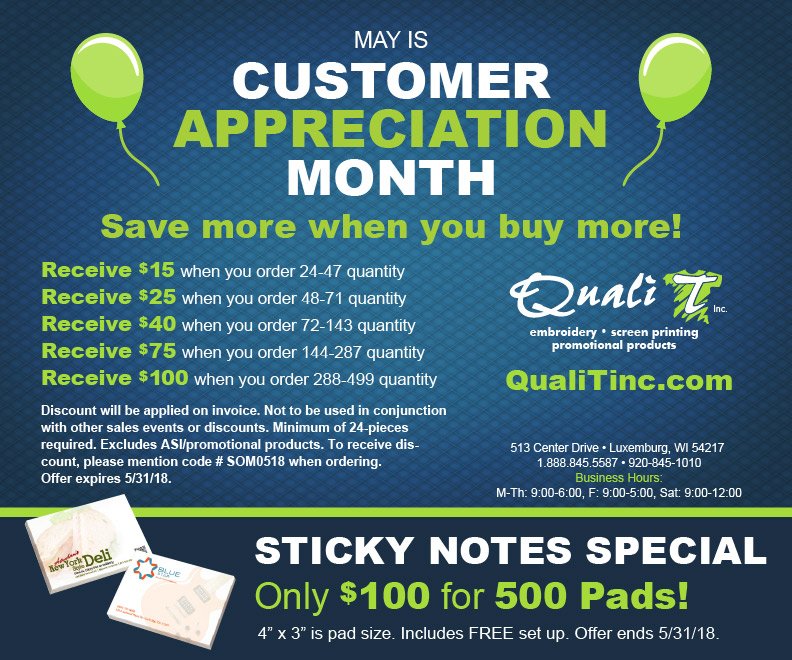 QualiTinc's tweet photo. May is Customer Appreciation Month at QualiT!! The more you buy, the more you save all month long! All that, and get 500 pads of Sticky Notes for only $100 bucks!! Give us a call or stop in today and save!! https://t.co/rhdh8pT2Il