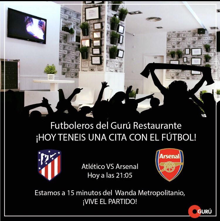 Os esperamos en #ElGuruRestaurante y en #Ocamiño a 15 minutos del #wandametropolitano #futbol #atletico #arsenal #atleticoarsenal #madrid #tapas 🍟🍔🍻🍺⚽️⚽️⚽️