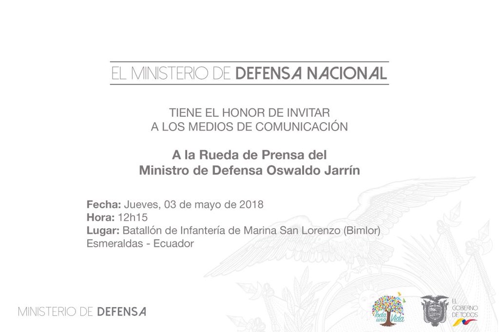 DefensaEc's tweet photo. INVITACIÓN ⭕️ 12h15
#MIDENA invita a los medios de comunicación a la #RuedaDePrensa sobre 'Seguridad en la frontera norte' en el Batallón de la @armada_ecuador #SanLorenzo. https://t.co/ifPqzRuXUR