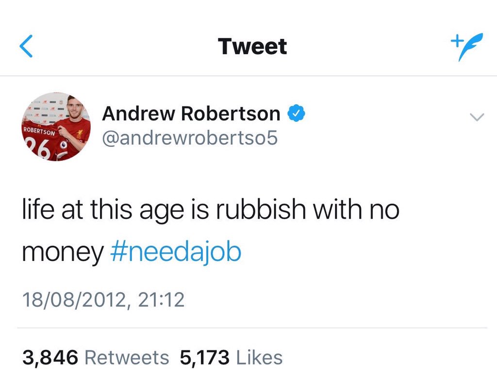 EPLBible's tweet photo. Andrew Robertson...

2012: Needed a job. No money. 

2013: Started playing in the Scottish third division.

2017: Relegated from the Premier League with Hull. 

2018: Through to the Champions League final vs Real Madrid.

Amazing story 👏👏👏 https://t.co/hfyKzOLcNh