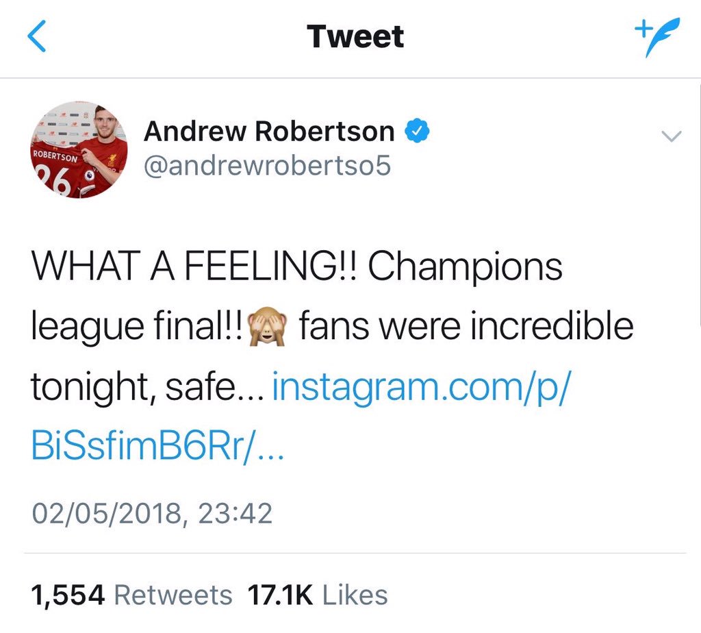 Andrew Robertson...

2012: Needed a job. No money. 

2013: Started playing in the Scottish third division.

2017: Relegated from the Premier League with Hull. 

2018: Through to the Champions League final vs Real Madrid.

Amazing story 👏👏👏