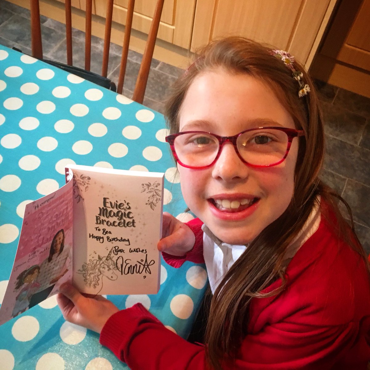 Thanks @J_Ennis ! You made a little girl very happy on her 9th birthday. Her signed copy of The Silver Unicorn is her favourite thing. She got books 4,5 and 6 today too. 
.
.
#kids #birthdays #books #jessicaennishill #reading #bookstagram #eviesmagicbracelet