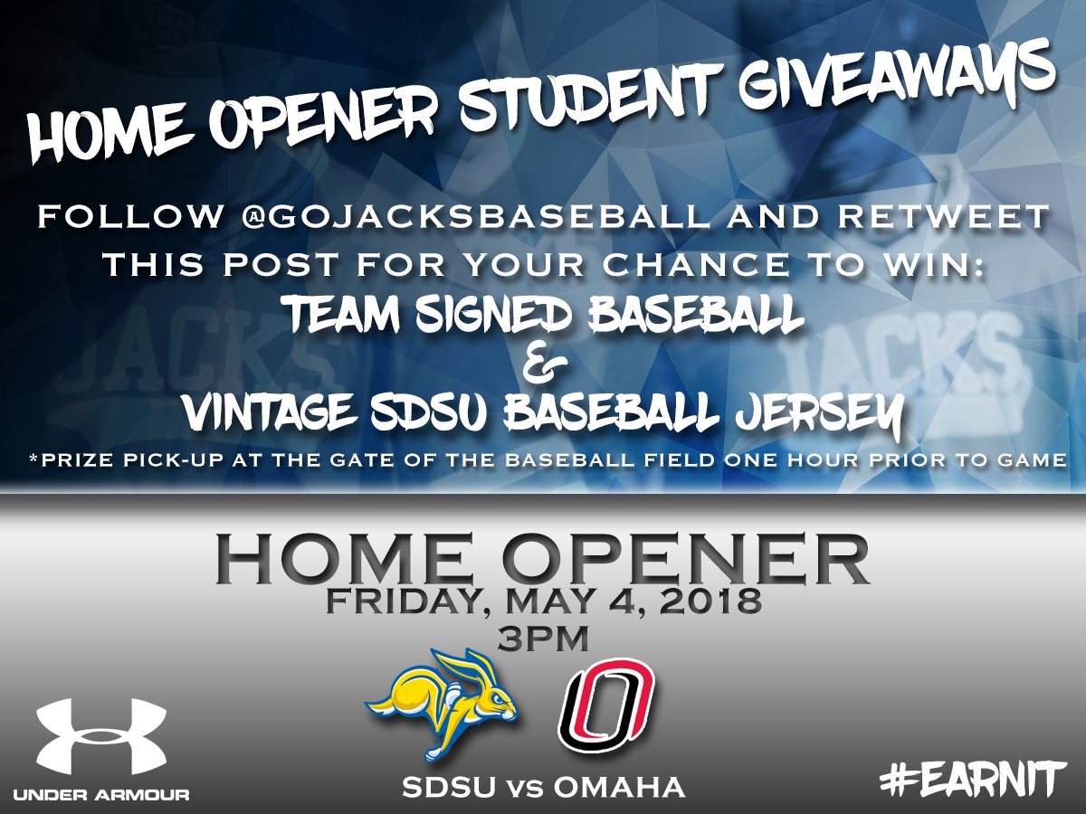 GoJacksBaseball's tweet photo. 💥LAST DAY OF STUDENT GIVEAWAYS💥
Tomorrow is finally our HOME OPENER! 
Follow our page and RETWEET this post for your chance to win a team signed baseball AND a vintage SDSU baseball jersey.
*Prize pick-up available at the gate before the game. 
#EarnIt https://t.co/4Tjwjg8MjP