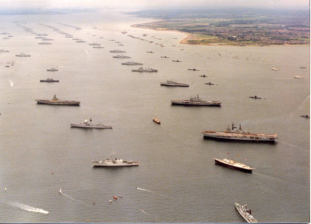 The Royal Navy on the eve of the Falklands war appears formidable, it had 3 aircraft carriers, 2 Landing Platform Docks, 12 destroyers, 48 frigates, 11 SSNs, 17 SSKs and a multitude of smaller support, Mine countermeasures & Patrol ships.Pictured below is the 1977 fleet review.