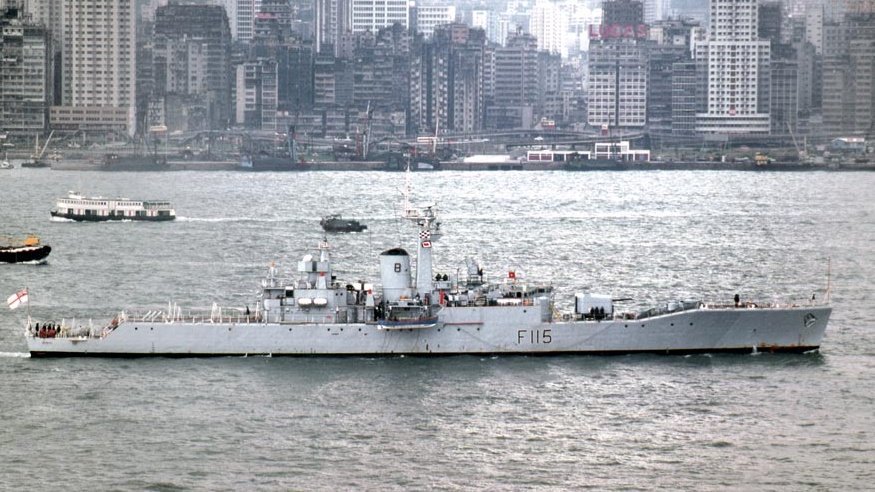 This is HMS Berwick, a Type 12I Rothesay class frigate of the 8th frigate squadron (insert "ooh we had whole squadrons of frigates back then!" comment here). She displaced 2,500t and was armed with a twin barreled 4.5" gun, Sea Cat missile launcher and an anti Submarine mortar.