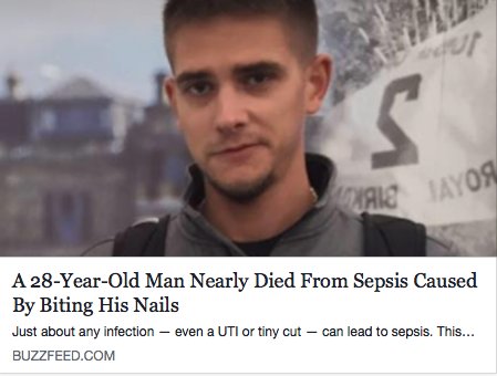 After bitting his nail, 28 yr-old felt ill for a week but didn't know the signs of #sepsis. "A simple little local infection should not give you fevers and chills," said @sqsimp of <a href="/SepsisAlliance/">Sepsis Alliance</a> bzfd.it/2jrKUUh TY <a href="/ttamkins/">Theresa Tamkins</a>