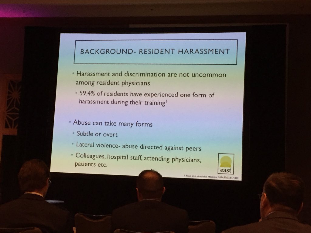 TraumaDocSF's tweet photo. Harassment is a real problem between Faculty and residents in surgery. Time for us to change and make our environment better for our trainnees. @Surg_Education #SEW2018. @EAST_TRAUMA @ACSTrauma @AmCollSurgeons https://t.co/9wT9FULyV2