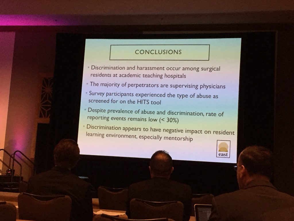 TraumaDocSF's tweet photo. Harassment is a real problem between Faculty and residents in surgery. Time for us to change and make our environment better for our trainnees. @Surg_Education #SEW2018. @EAST_TRAUMA @ACSTrauma @AmCollSurgeons https://t.co/9wT9FULyV2