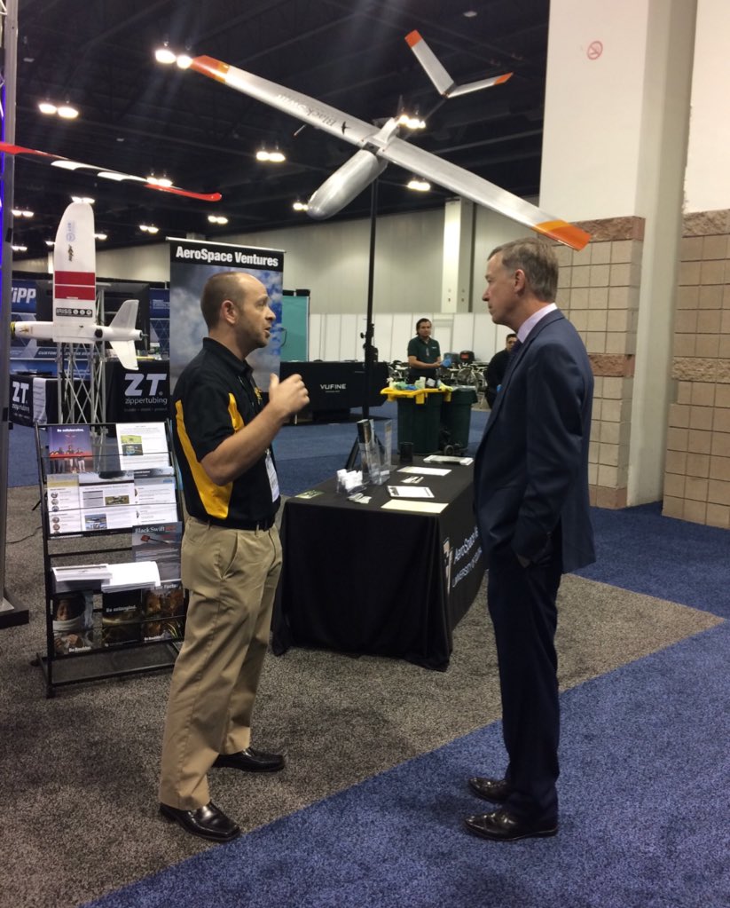 CUIndustry's tweet photo. Thank you, @GovofCO Hickenlooper, for paying our CU Boulder booth a visit at @AUVSIshow 2018.
CU is proud to be the leader in UAV innovation in CO.
Rain is pouring today, but the future is bright with CU in the sky!
Visit us at Booth #2241
#GoBuffs!
@cuiriss
@CUEngineering https://t.co/UuusziEkJz