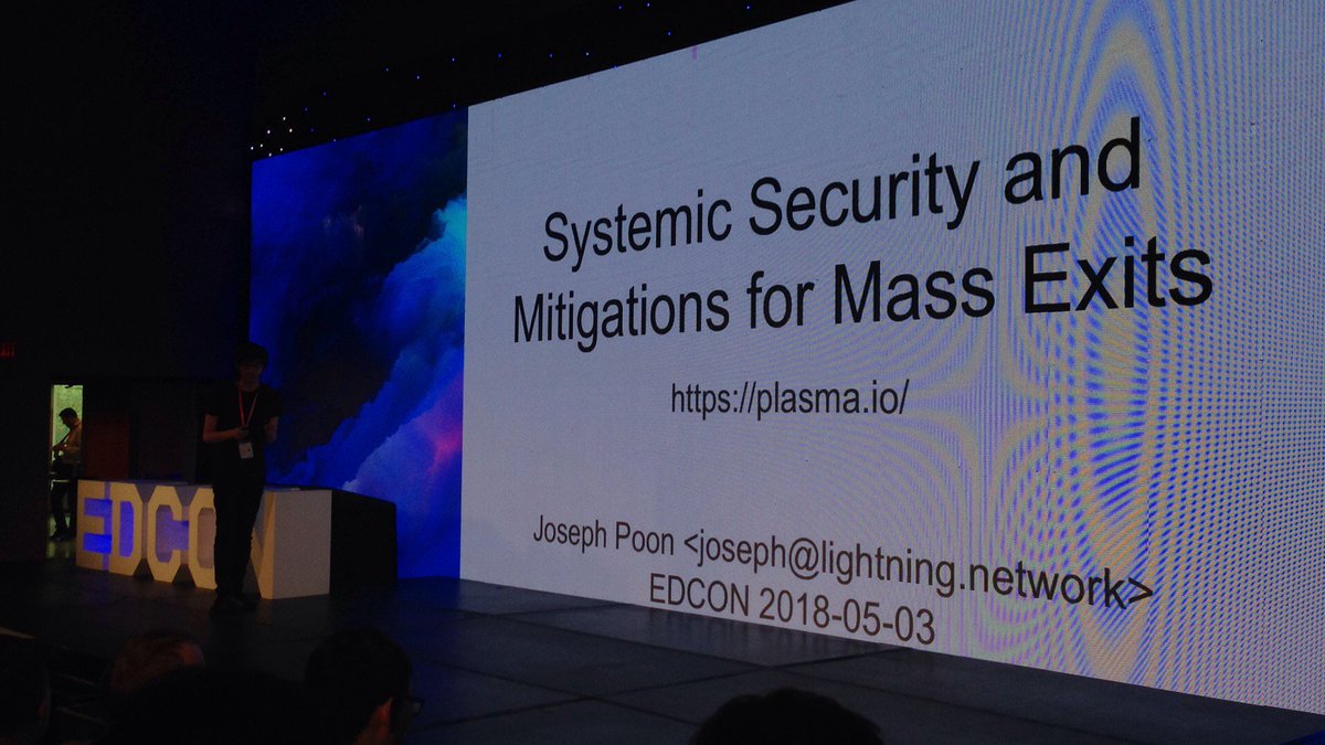 Linktimetech's tweet photo. #EDCON Joseph Poon, Co-Author of Lightning Network and #Plasma, is giving an interesting talk about  Systemic Security and Mitigations for Mass Exits. https://t.co/gw5tZlGXVR