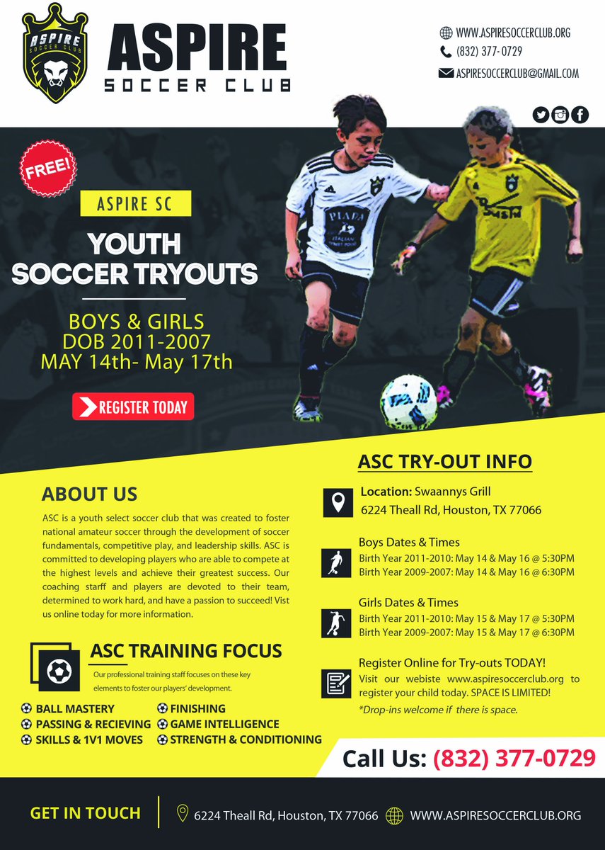 AspireFC_'s tweet photo. Good Morning, ASC Family! Starting May 14th Aspire Soccer Club will be holding tryouts for both boys and girls born between the years 2007 and 2011! There is no cost and it is open to ALL! Be sure to share with friends and family! See flyer below for more details! ⚽️⚽️⚽️ https://t.co/ixBn7W292Q