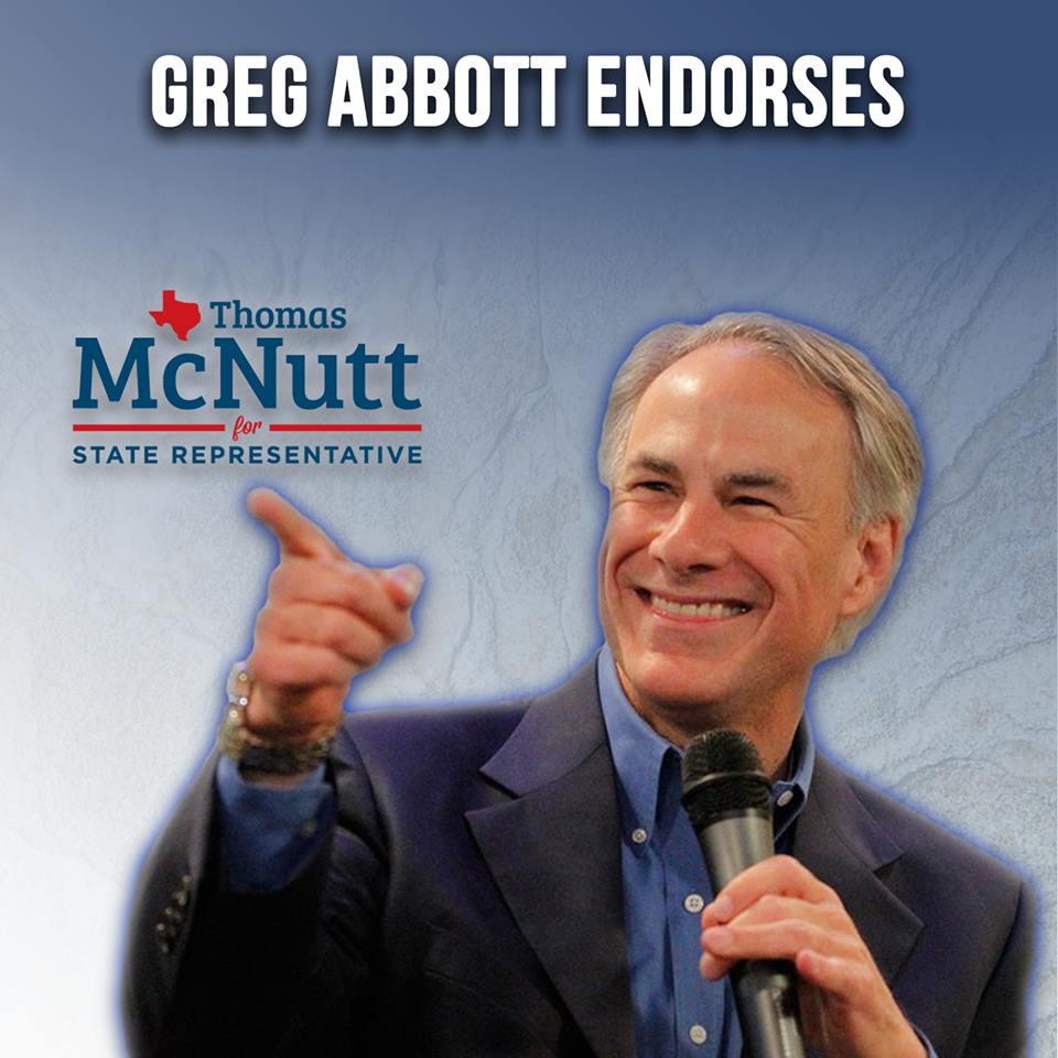 VoteMcNutt's tweet photo. Thank you @GregAbbott_TX for the endorsement and standing for our conservative values! #nutsformcnutt https://t.co/9lrUWInRvo