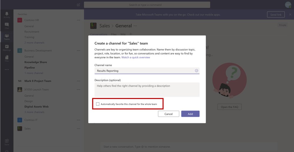 MicrosoftTeams's tweet photo. Team owners can now auto-favorite important channels for the rest of their team so that they will automatically show up in all team member's favorites. https://t.co/faFjh6s5D3 https://t.co/zdvkdyvcWD