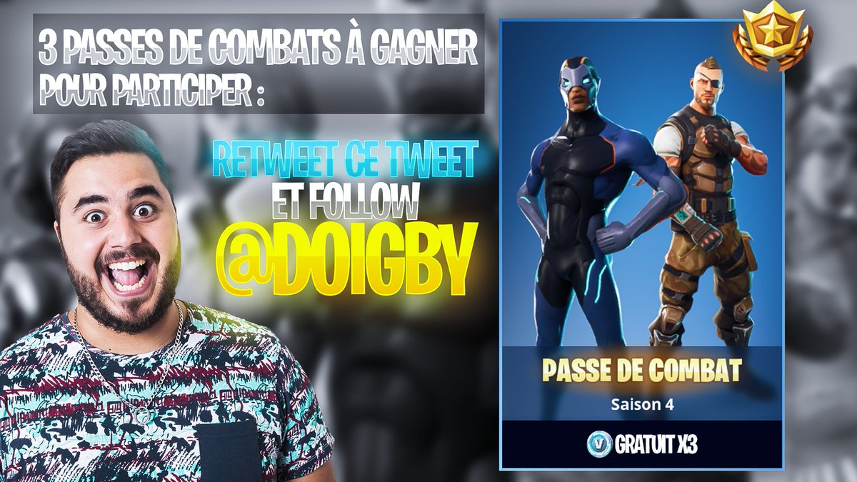Doigby's tweet photo. Ça fait longtemps que je vous ai pas fait de cadeaux et vu que c'est la nouvelle saison de Fortnite, j'offre à 3 personnes un passe de combat ou l'équivalent en V-Bucks si vous l'avez déjà, Bonne chance ! (Tirage au sort le 06/05) https://t.co/lf2YLNUE9s