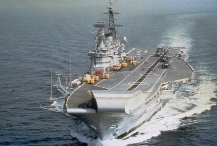 Of the carriers Hermes was an antique, laid down in WW2 and completed in 1953. The other (the third, HMS Illustrious was barely out of the shipyard in 1982) Invincible was tiny and carried a single squadron of Sea Harrier Jets and some Sea King helicopters.