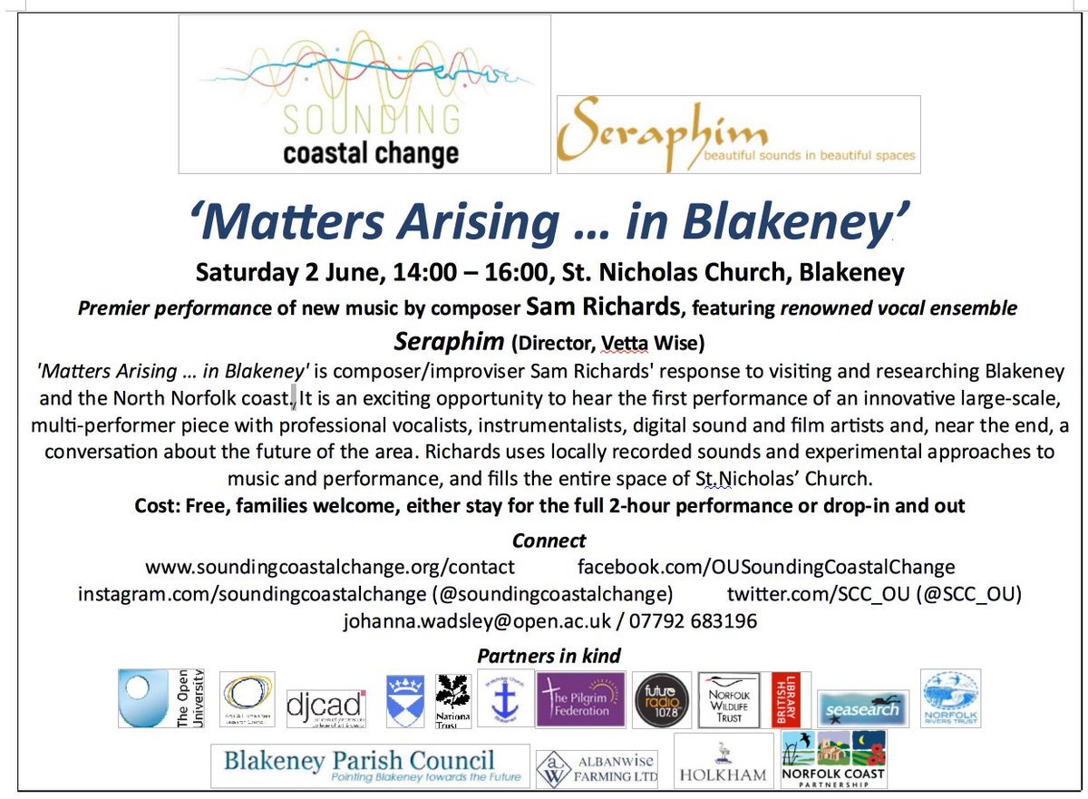 Matters Arising 
Saturday 2 /6/18, 14:00 – 16:00, #StNicholasChurch, #Blakeney
Premier performance by composer Sam Richards, featuring renowned vocal ensemble Seraphim. 
Cost: Free.
All welcome for the full 2-h. performance or drop-in and out.
Please Share
#MattersArising